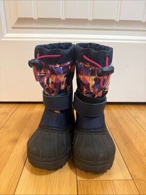 Columbia Navy Kids Winter Boots with Pink and Purple Geometric Trim